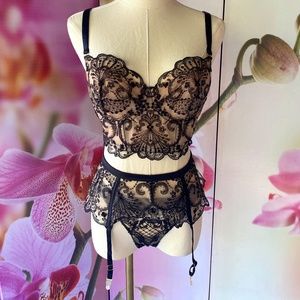 Teamore luxury 3pc black lace lingerie set